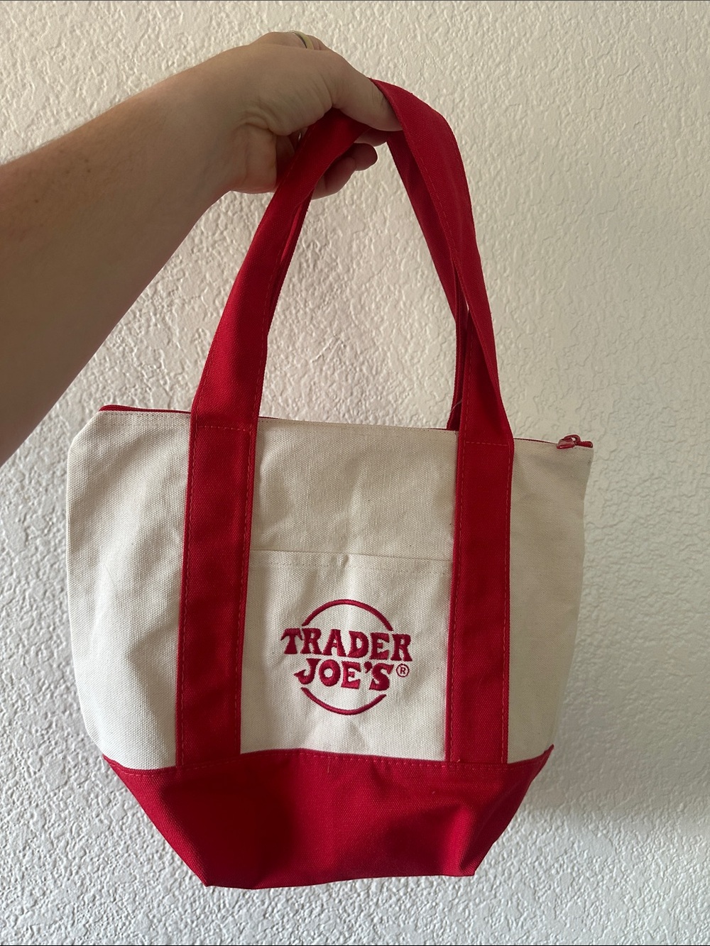 Trader Joe’s Red & Cream Mini Tote Bag—WITH ZIPPER 🤐